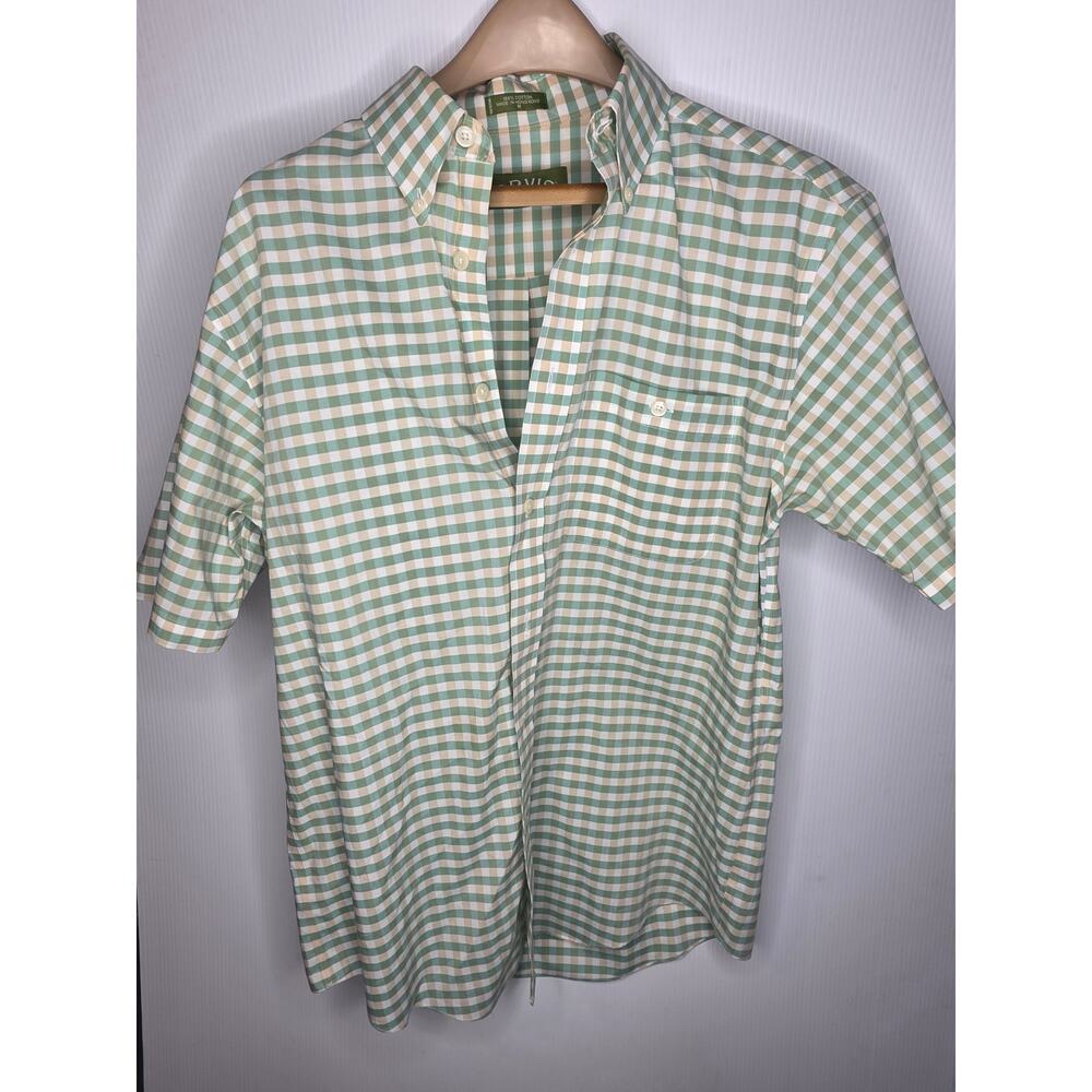 Orvis Size Medium Green & Tan Gingham Short Sleeve Button Down Shirt 100% Cotton